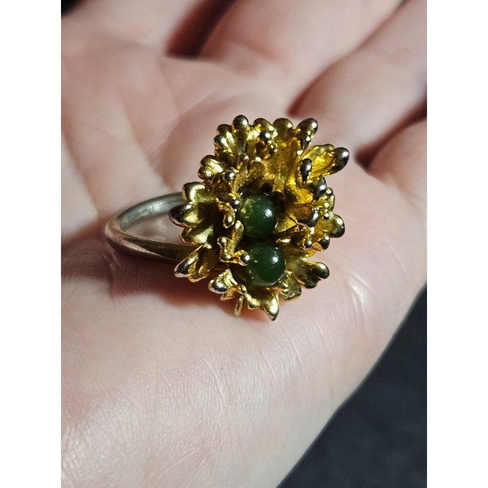 Gold plated green jade antique adjustable ring